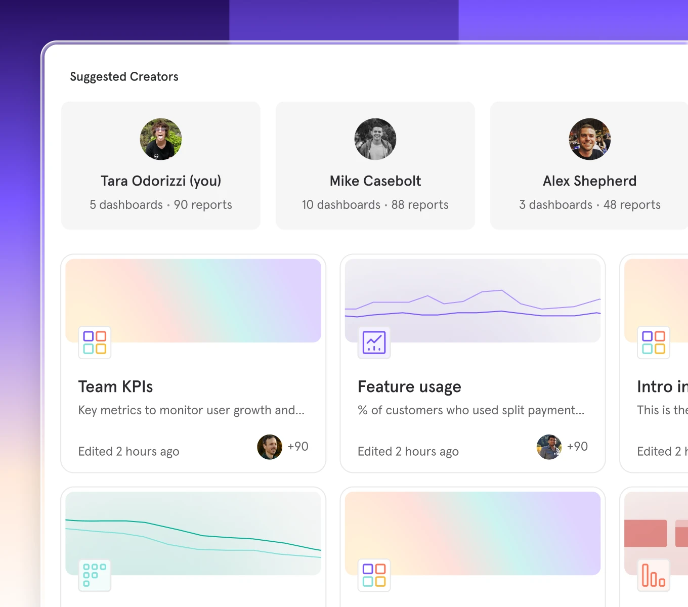 Mixpanel product UI featuring suggested creators, team KPI dashboards, and usage reports. The layout demonstrates how analytics for teams can be collaborative, with easy access to shared dashboards and reports, supporting the democratization of data across the organization.
