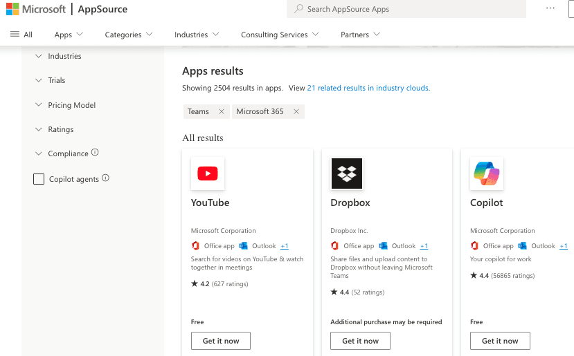 Apps available in Microsoft Teams