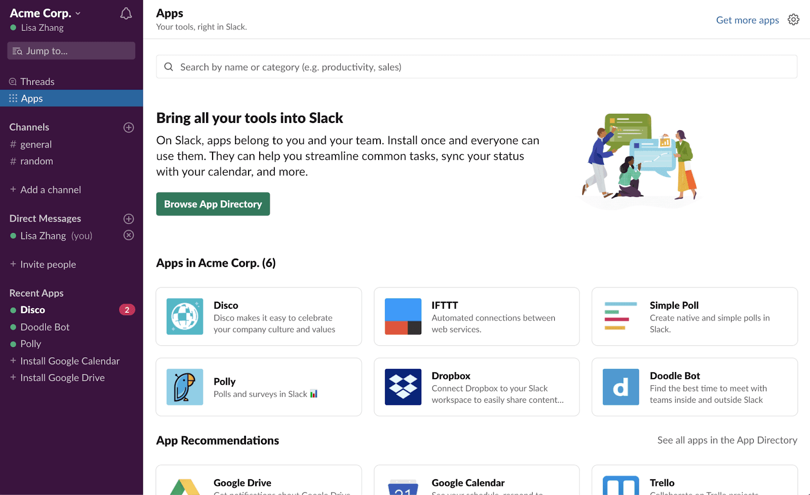 Interface of Slack and how to access the app directory