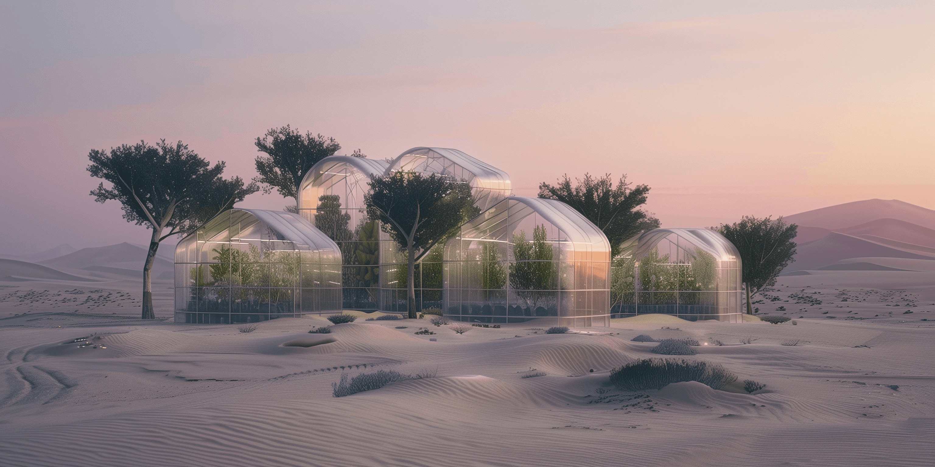 A glass planthouse filled with large green plants and trees in an expansive empty desert.