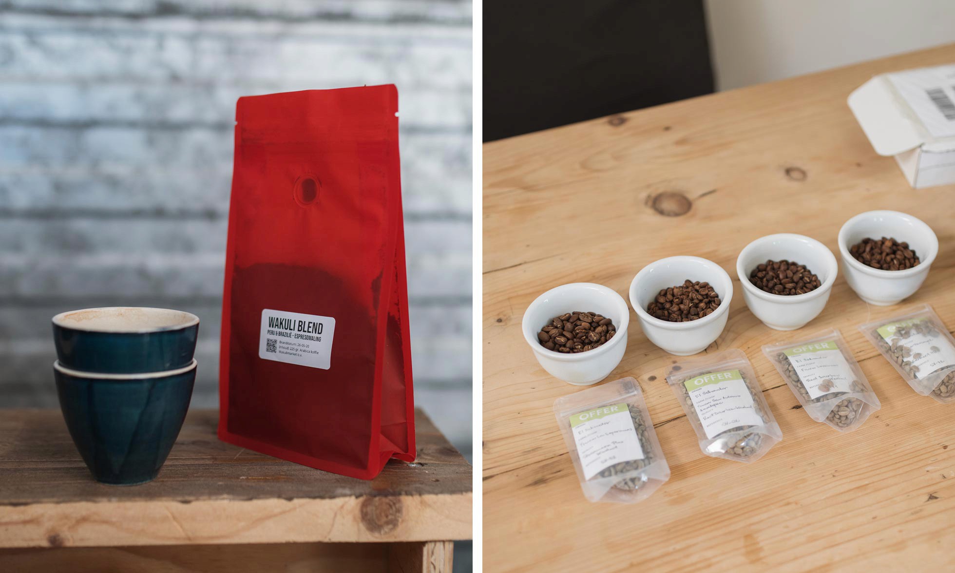 A bag with coffee and cups with coffee beans