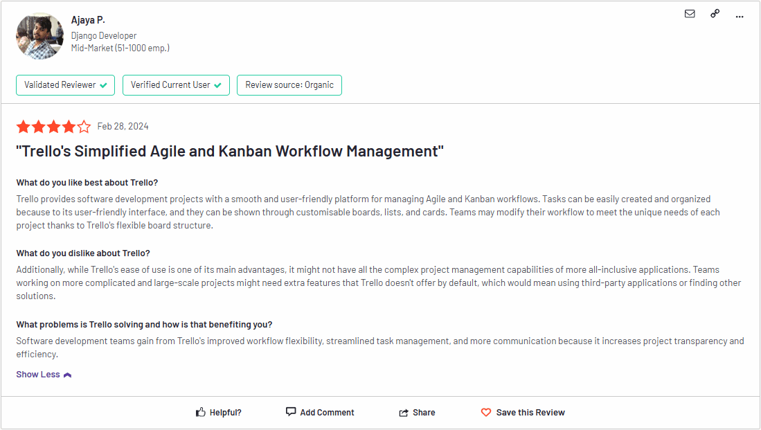 Screenshot of Trello user review