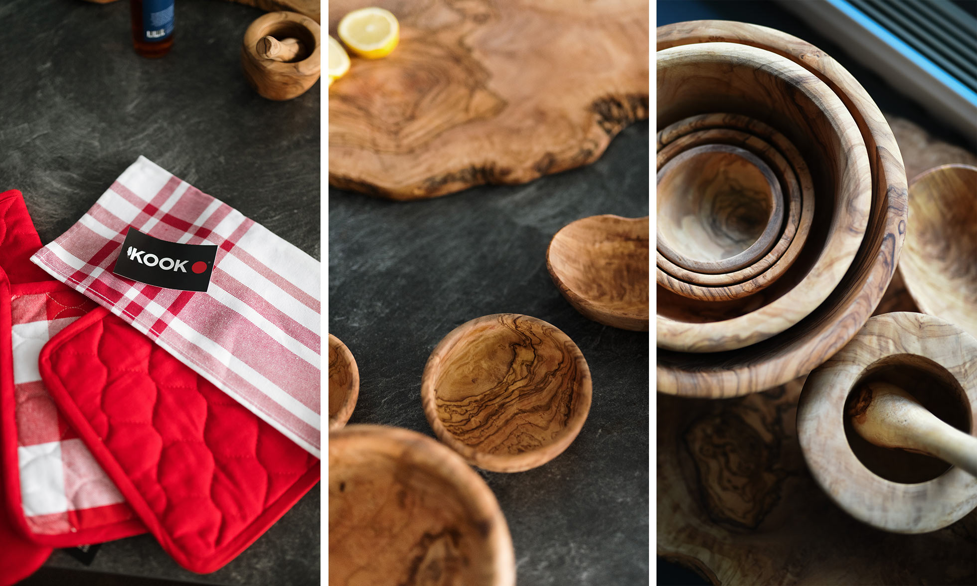 Left: red and white pot holders. Centre: wooden cutting board and bowls. Right: stacked wooden bowls.