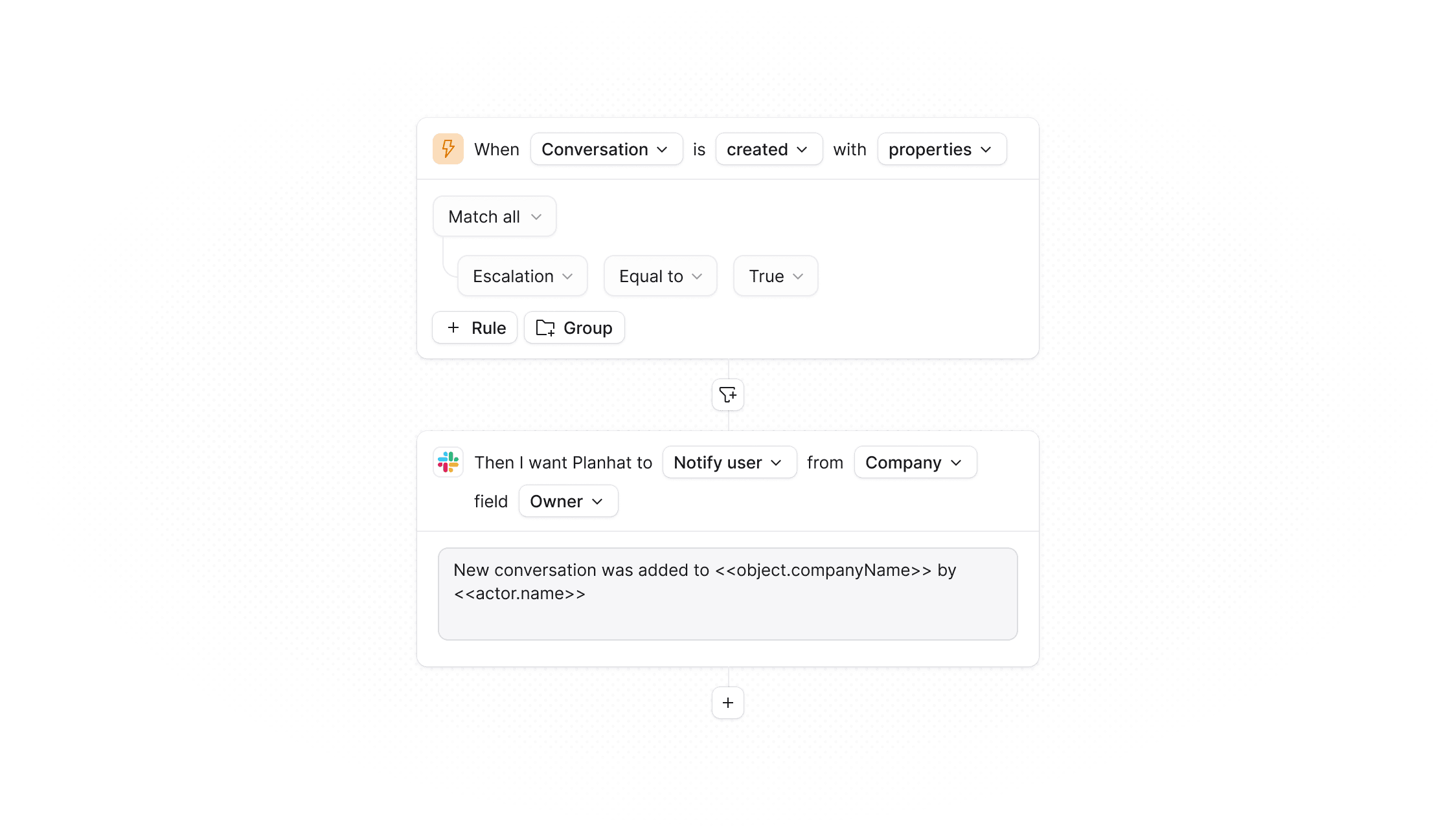 A screenshot of Planhat's custom automation editor.