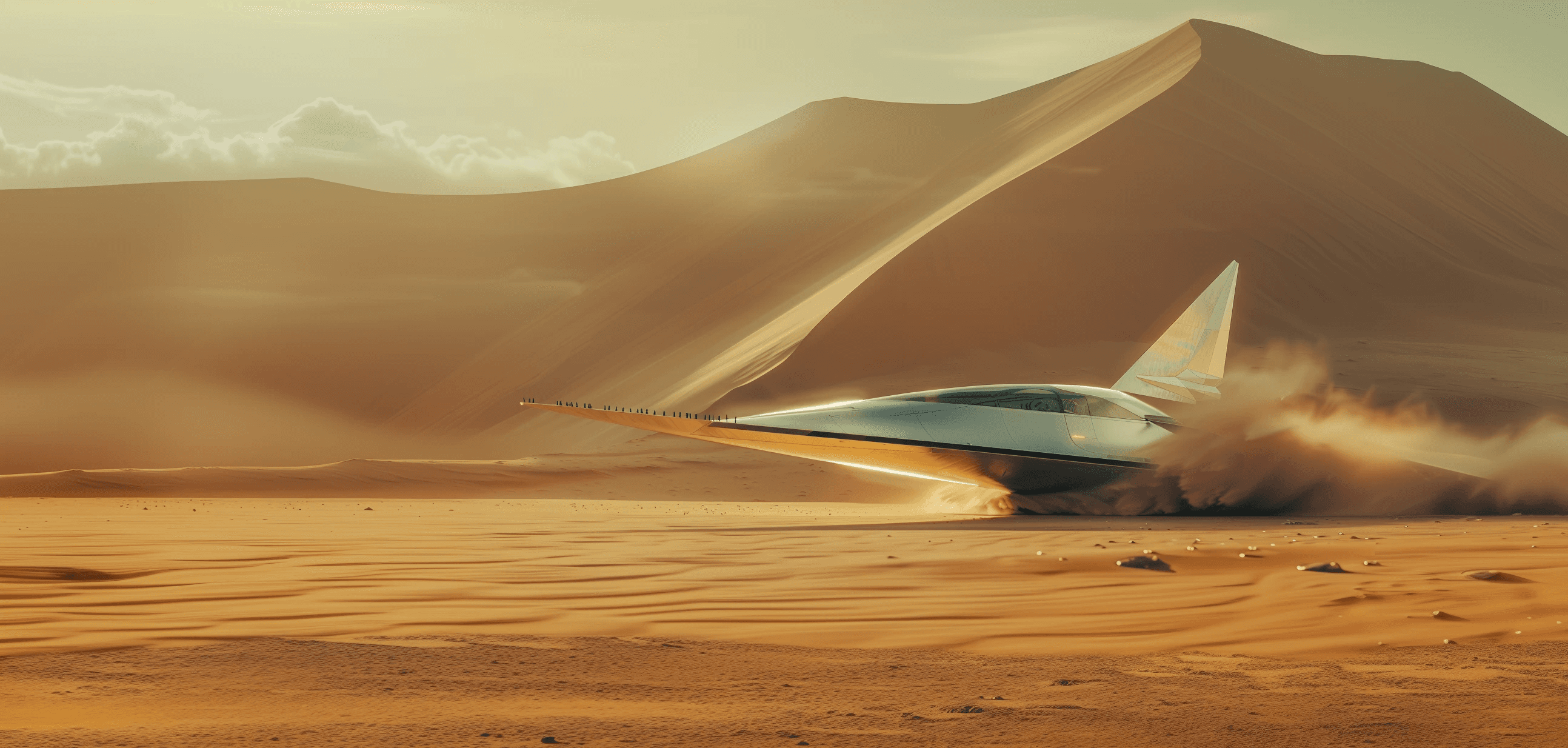 A futuristic spaceship like landing craft emerging from the sand in an expansive desert.