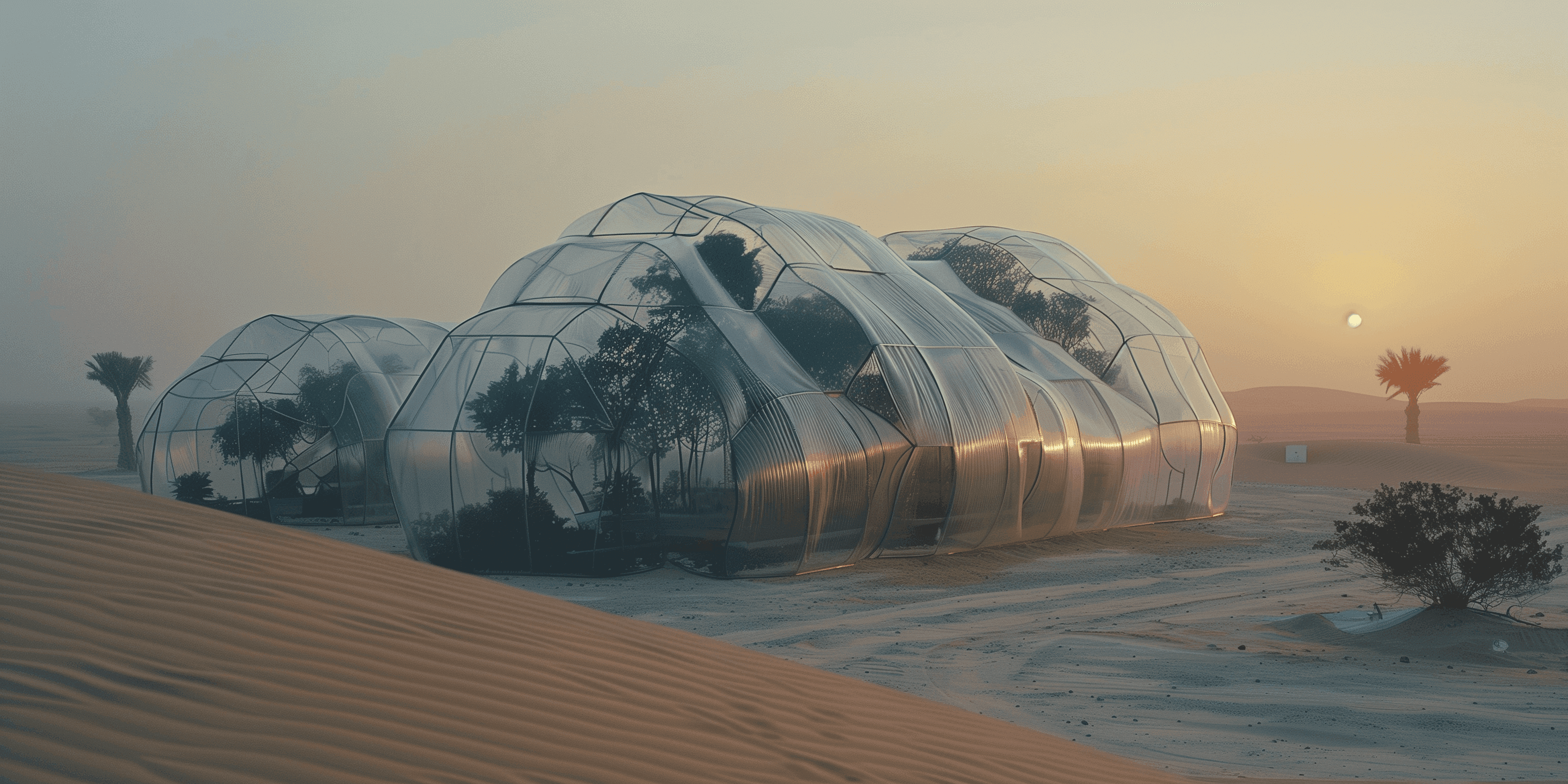 A greenhouse filled with large plants and trees in an expansive empty desert.