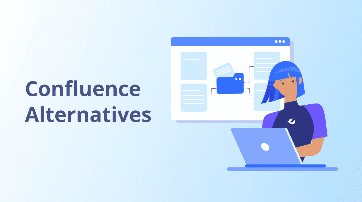 Featured illustration for Confluence alternatives post of a person and a knowledge management system