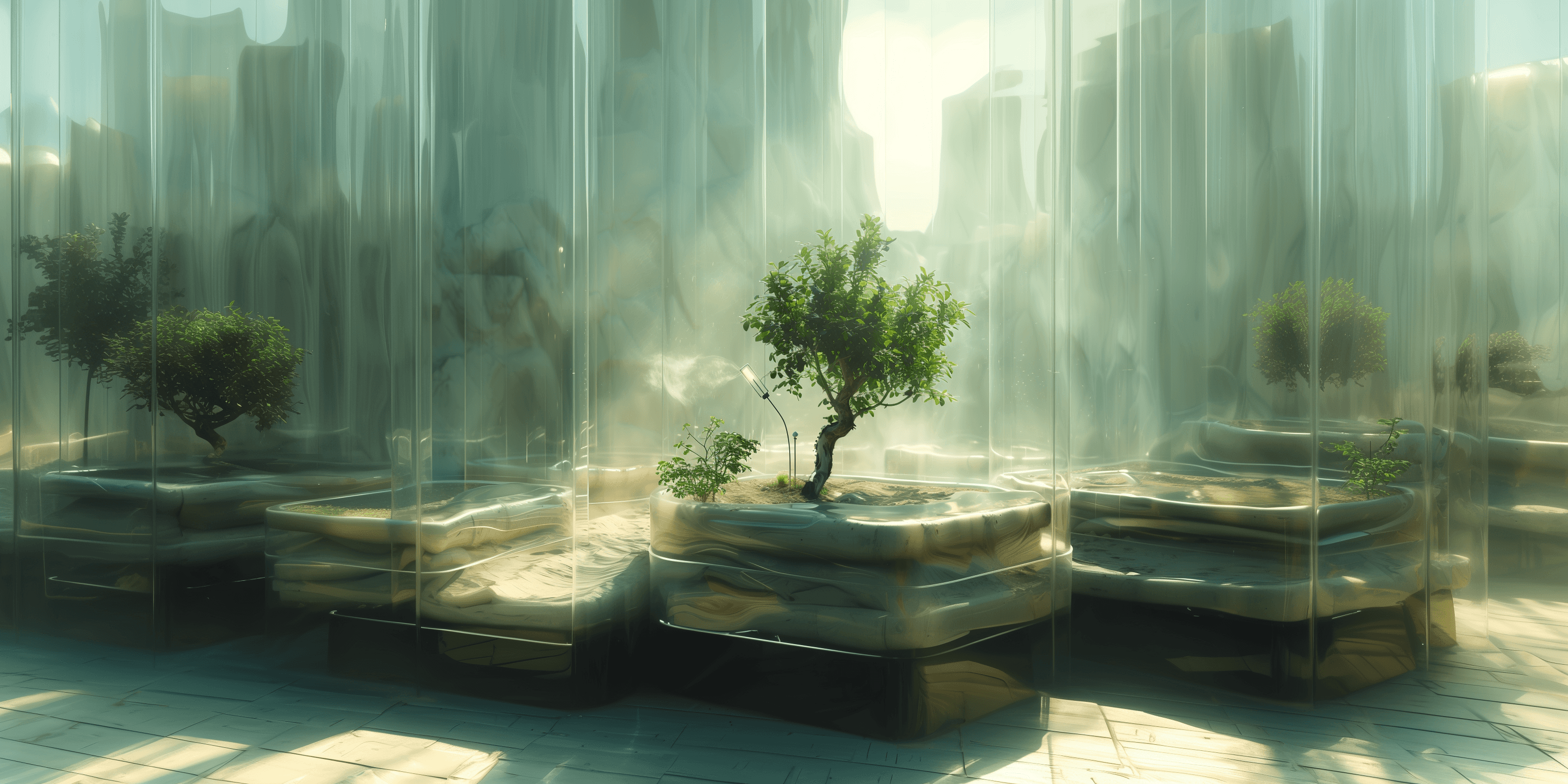 A cluster of plant growing chambers each enclosed by reflective curved glass walls and with dedicated hydration technologies.