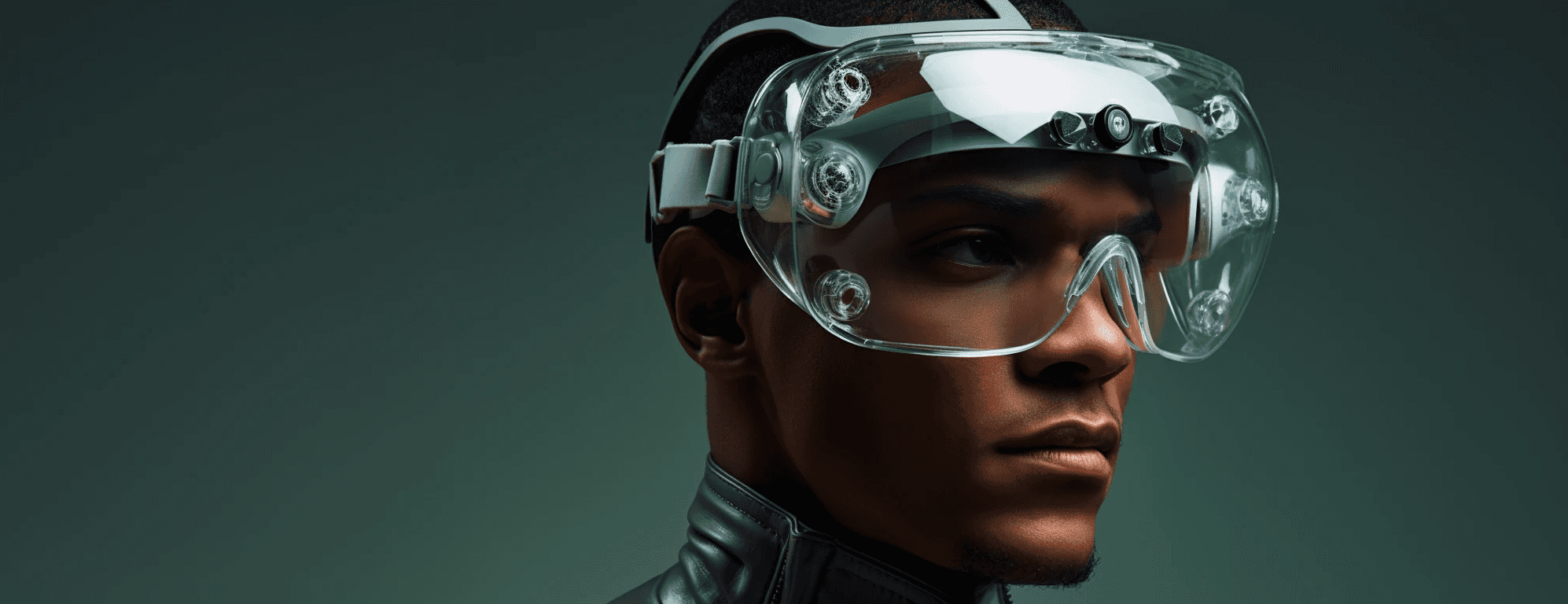 A futuristic-looking person standing in a studio wearing advanced technical clothing and a reflective futuristic visor.