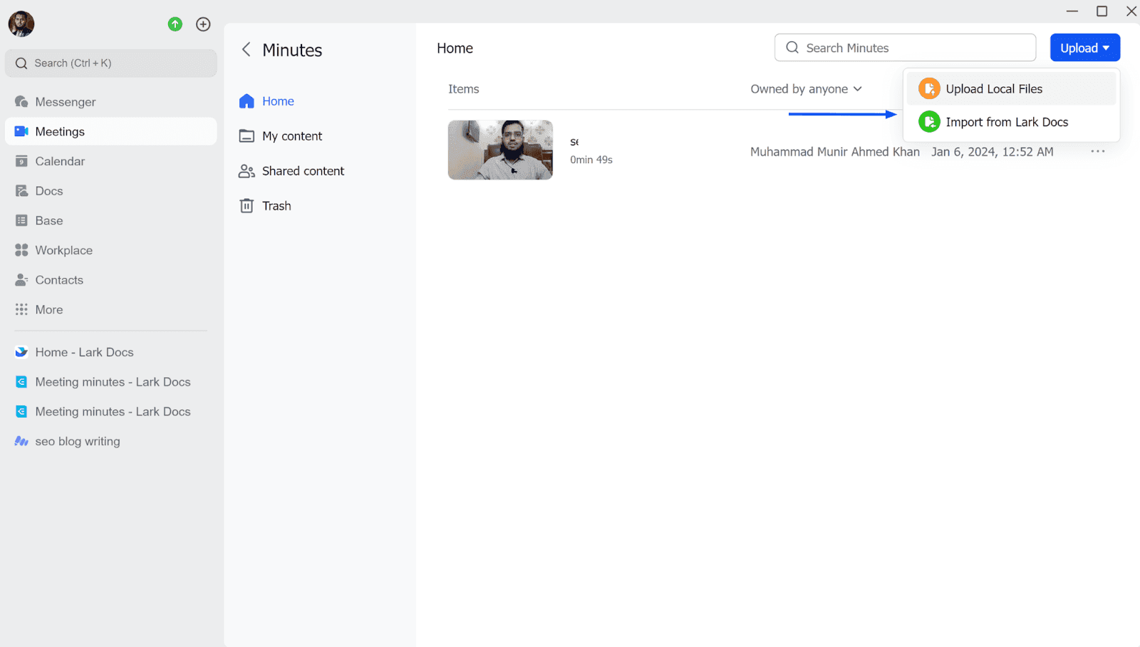 Upload your meeting recording to Lark Minutes